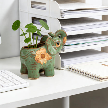TUESMEILL Ceramic Elephant Pot with Drainage, Animal Plant Pots Cute Succulent Plant Pot for Home Decor and Office Desk Decoration