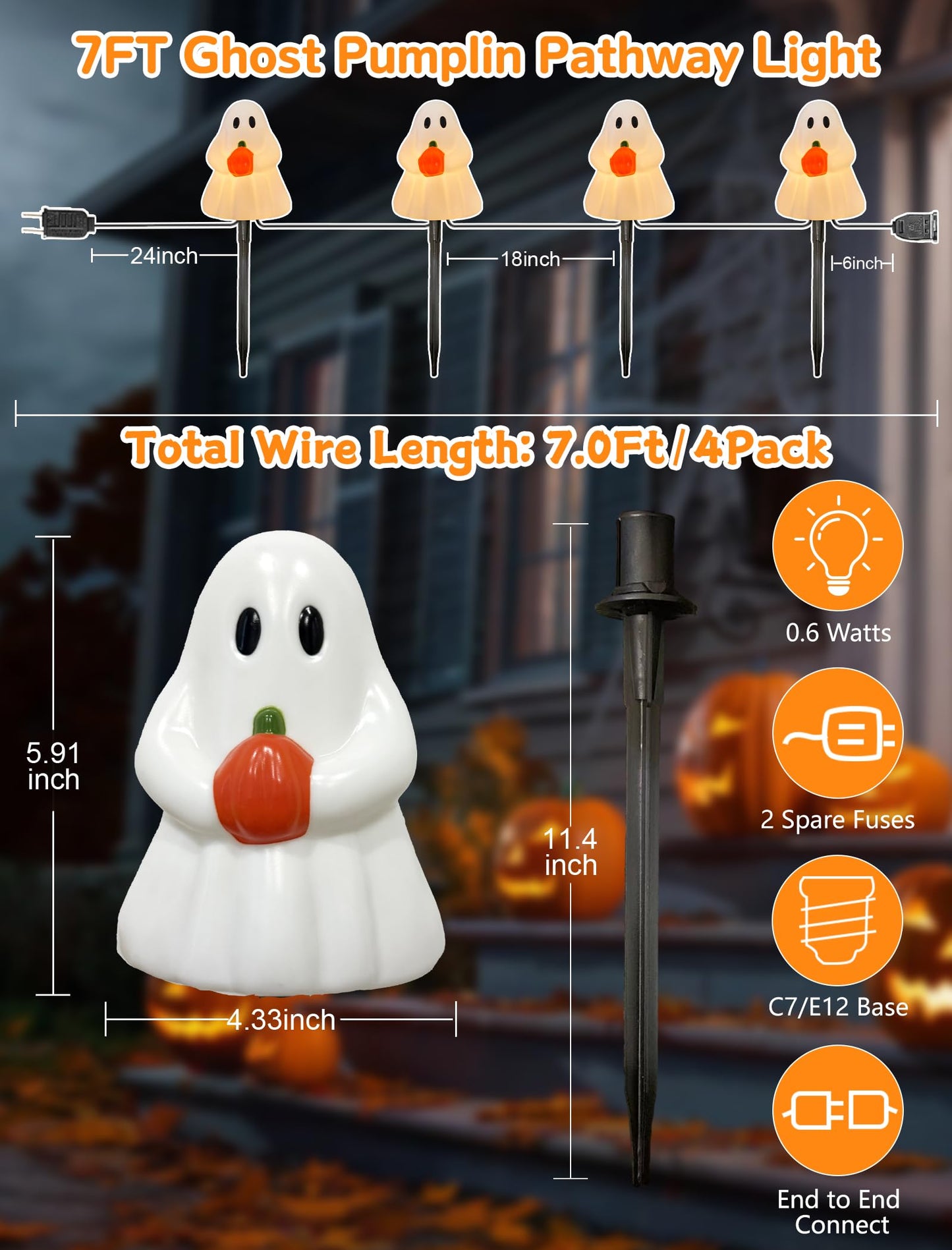 Halloween Ghost Pathway Lights, Ghost Pumpkin Pathway Decoration Lights Built-in 4 C7 LED Bulbs for Halloween Holiday Outdoor Yard Garden Walkway Decor, 7Ft 4PK
