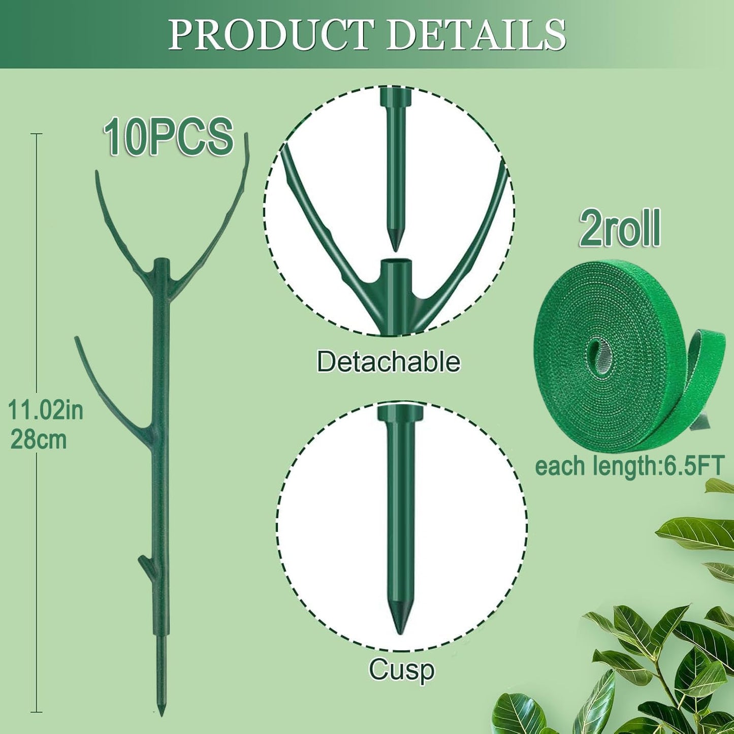 10 Pack Stackable Monstera Plant Support Climbing Plants Support Structures for Indoor Outdoor Plants Plant Holder Stick with Plant Ties for Support Tall Potted Plants, Bonus: 2 Roll of Gardening Tape