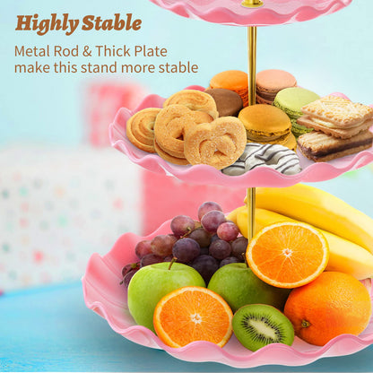 3 Tier Cupcake Stand Holder, BACUTHY Plastic Cup Cake Stand Tower with Tiered Serving Tray for Cupcakes, Donuts, Fruits and More, Pink