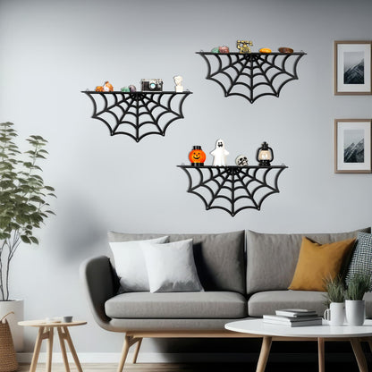 Geetery 3 Sets Gothic Spider Web Shelves, Wall Mounted Goth Shelf, Display Shelf for Crystal and Stones, Wooden Floating Shelf with Hooks for Bedroom Living Room, Halloween Witchy Hanging Decor