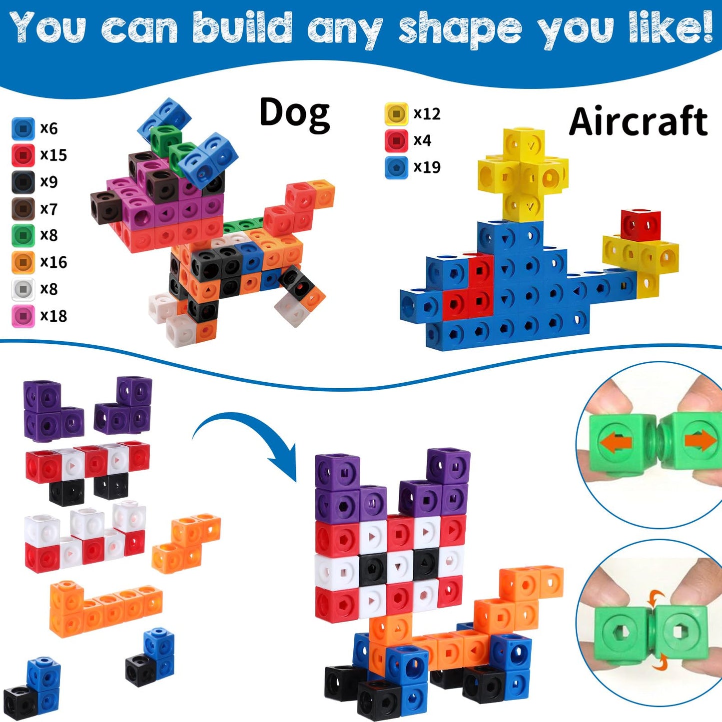 Libima 318 Pcs Math Counting Cubes Linking Counting Blocks with Stem Cards Building Block Linking Cube Connecting Manipulatives Preschool Math Counter Games Back to School Supplies