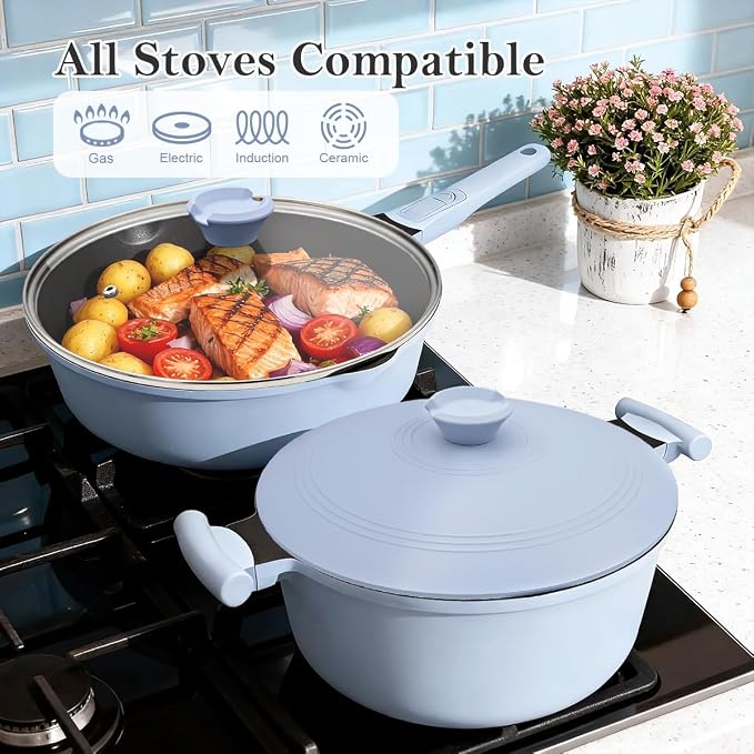 Pots and Pans Set Non Stick, Nonstick Cookware Set, Steamer Pot and Pan for Cooking, Kitchen Cookware Sets Non Toxic, Induction Compatible, Detachable Handle, Oven Safe, PFOS & PFOA Free,Blue