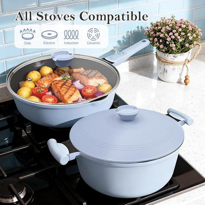 Pots and Pans Set Non Stick, Nonstick Cookware Set, Steamer Pot and Pan for Cooking, Kitchen Cookware Sets Non Toxic, Induction Compatible, Detachable Handle, Oven Safe, PFOS & PFOA Free,Blue