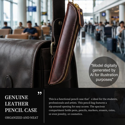 Gexmil Genuine Leather Pen Case, Full Grain Leather Mini Pencil Holder, Hand-made Stationery Bag for Work & Office, Vintage Style, Vegetable Tanned Leather