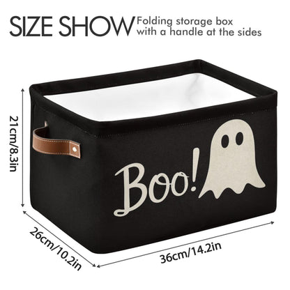 Wamika Halloween Ghost Boo Storage Basket with Waterproof Liner and PU Handles Spooky Bat Skull Storage Bins Boxes 14.2" Collapsible Decorative Organizer Baskets for Bedroom Closet Office 1 Pack