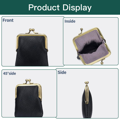 Genuine Leather Kiss Lock Coin Purse, Mini Wallet with Metal Clasp Frame, Small Change Holder, Gift for Women Men, Black
