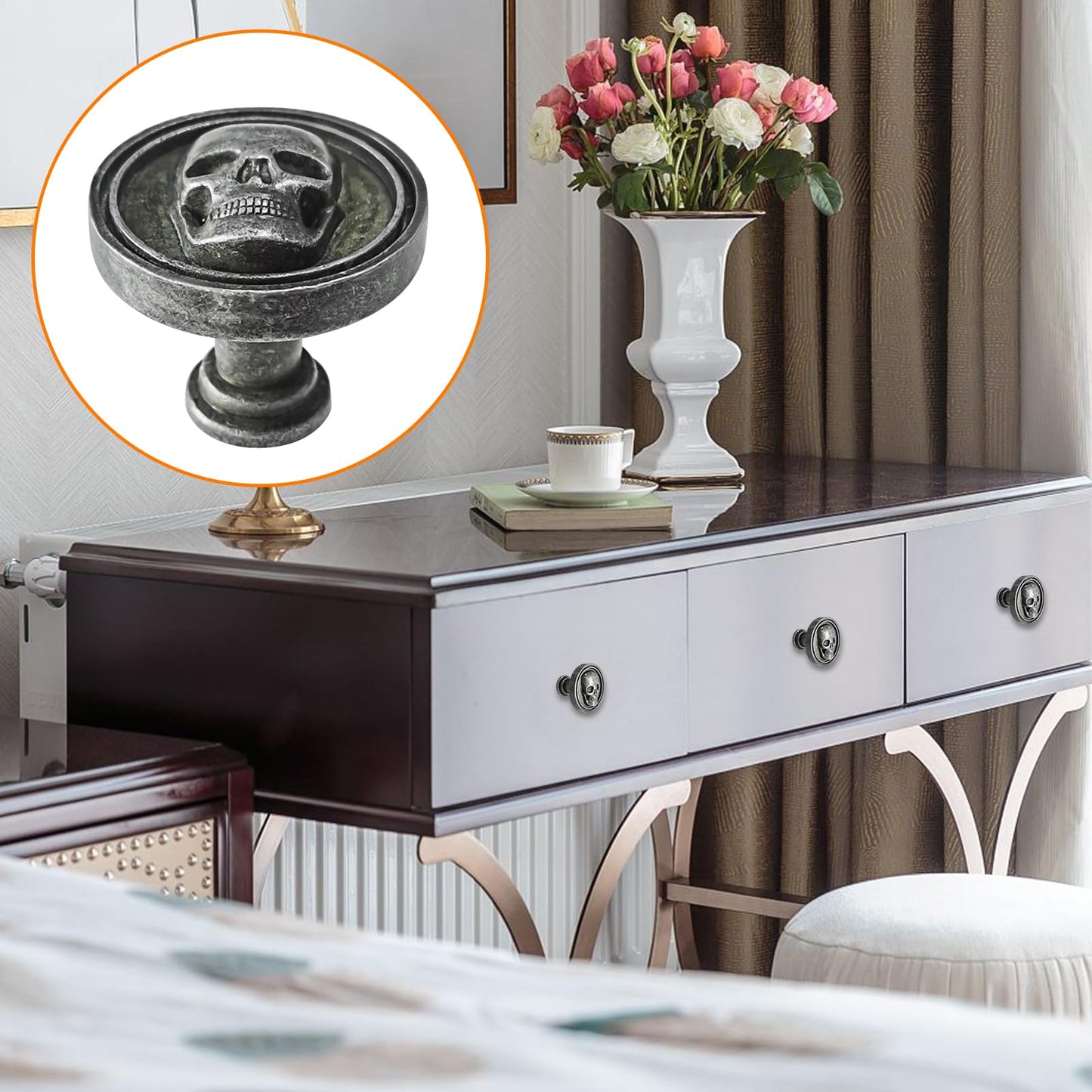 BAMI-LEE House 6PCS Vintage Skull Skeleton Cabinet Knobs - Single Hole Zinc Alloy Drawer Pulls for Kitchen, Wardrobes, Bookcases, Dresser, Closets (Ancient Tin)