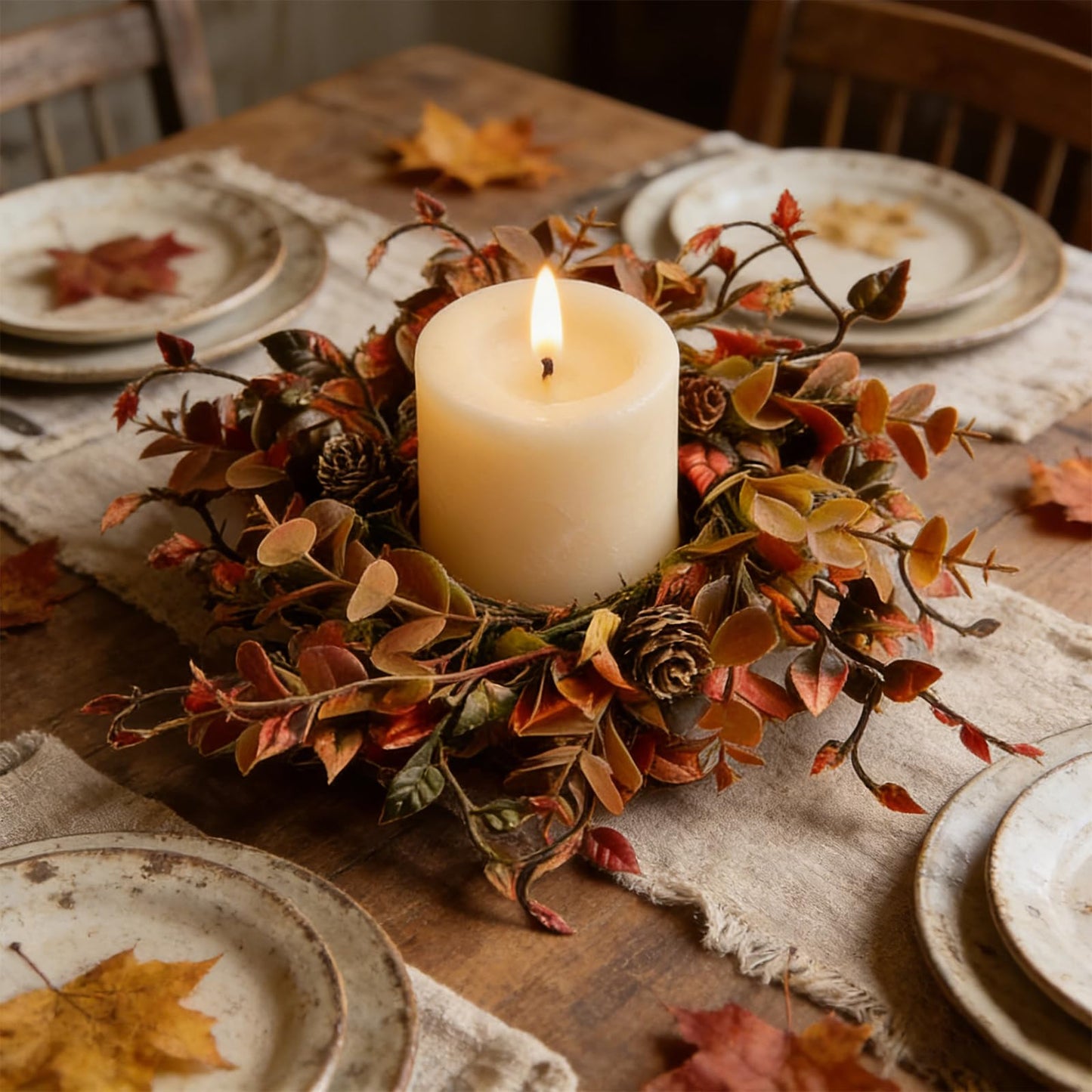 4 Pcs Mini Fall Candle Ring Wreaths Autumn Pinecones Mixed Foliage Artificial Pillar Candle Holder Wreath for Farmhouse Thanksgiving Harvest Porch Front Door Cabinets Table Decoration
