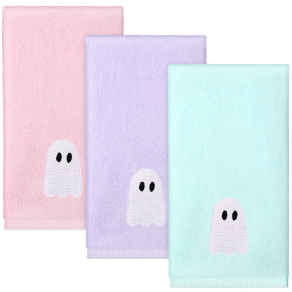 Remagr 3 Pcs Pastel Ghost Halloween Hand Towels Embroidered Pink Green Purple Ghost Halloween Spooky Cotton Hand Bath Towels for Bathroom Kitchen Decor Gift, 29.5" x 13.8"