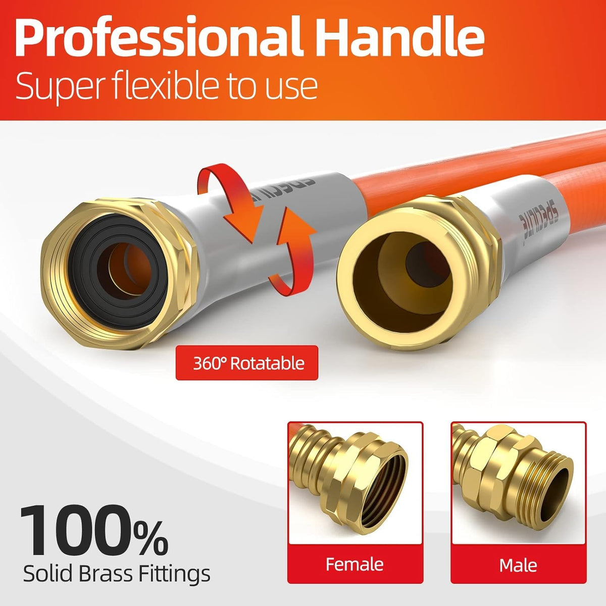 SPECILITE Garden Hose 50 ft x 5/8 in Heavy Duty, Flexible and Lightweight Water Hose, Burst 600 psi, Kink-less Hybrid Rubber Hose for Backyard, 3/4'' Brass Fittings