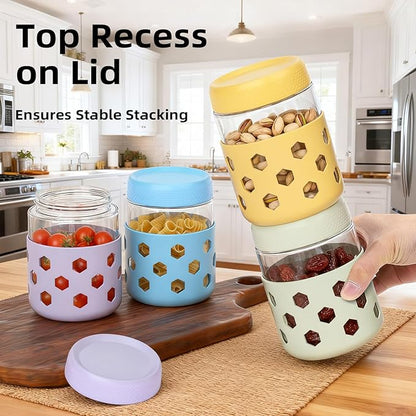 Overnight Oats Containers with Lids and Silicone Sleeve, 6 Pack Wide-Mouth Glass Food Storage Jars, 16oz Mason Jar Style Containers Perfect for Yogurt, Oatmeal, Fruit, Snacks and Meal Prep