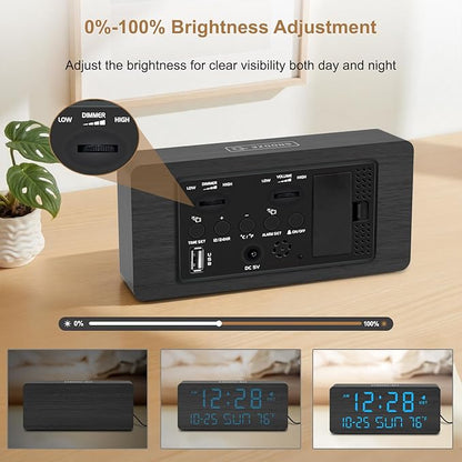 DreamSky Wooden Digital Alarm Clocks for Bedrooms with Date & Day of Week | Living Room Desk Clock, Temperature, USB Port, Dimmer Wheel, Adjustable Volume, Auto DST, Office Wood Decor (Plug-in)