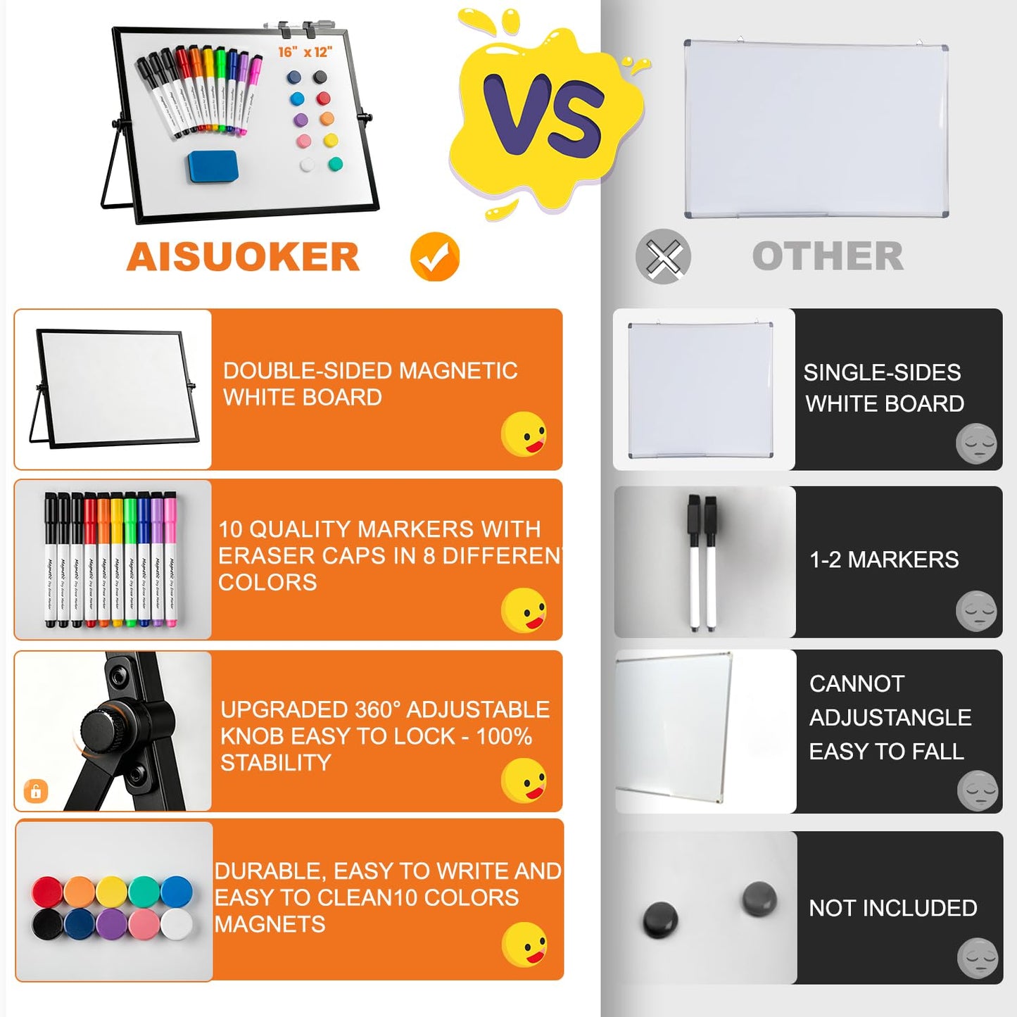 Dry Erase WhiteBoard, Aisuoker 16 x 12inch Magnetic Desktop Whiteboard with Stand, 10 Markers, 10 Magnets and 1 Eraser, Portable Double-Sided White Board for Kid Drawing Memo to Do and List Wall-Black
