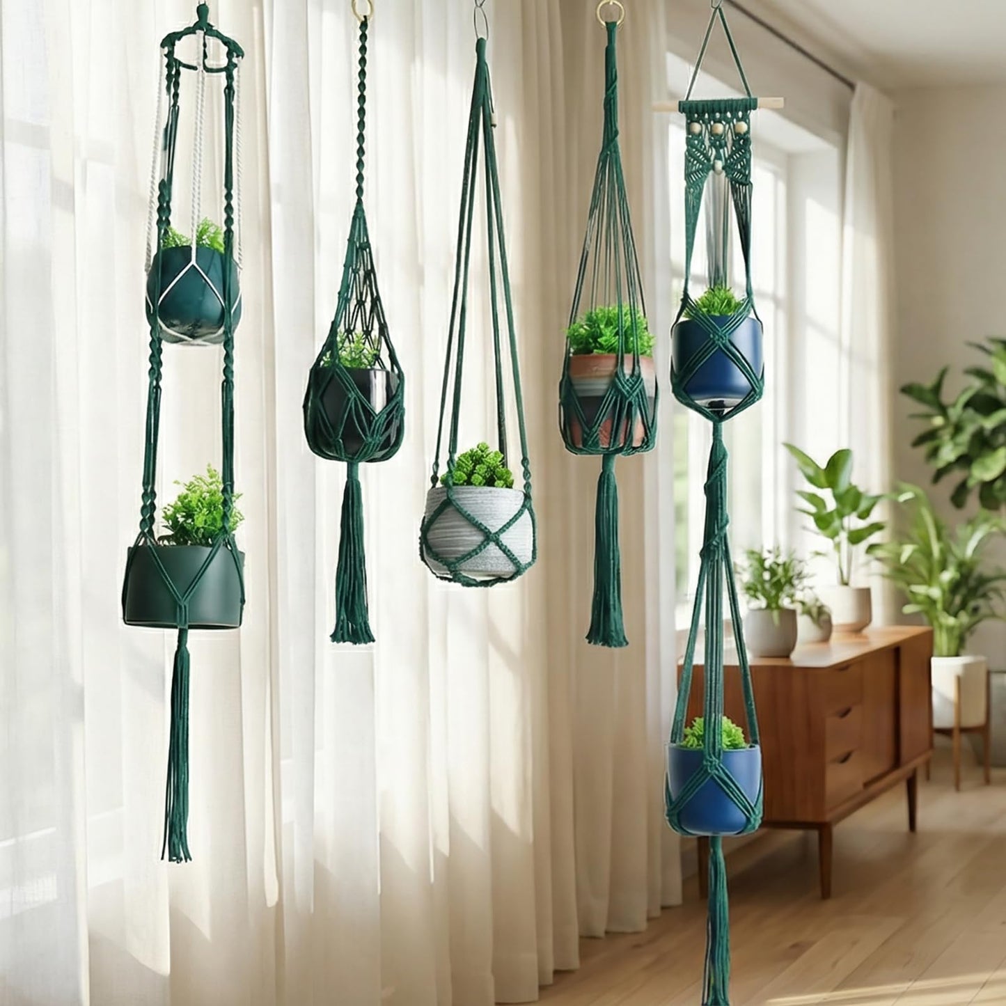 Macravine 5 -Pack Plant Hanging Holder, Indoor Boho Plant Pot Holder, Handmade Art Plant Hanger, Chic Plant Hanger for Ceiling/Window/Garden Decor, 40",50",63", Dark Green(No Pot & Plant Included)