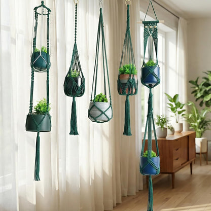 Macravine 5 -Pack Plant Hanging Holder, Indoor Boho Plant Pot Holder, Handmade Art Plant Hanger, Chic Plant Hanger for Ceiling/Window/Garden Decor, 40",50",63", Dark Green(No Pot & Plant Included)
