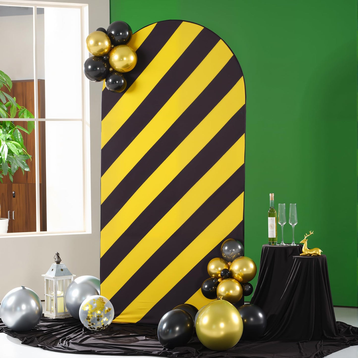 6.6FT Arch Cover Black and Yellow Stripe Bakcdrop Cover Spandex Arch Stand Cover Reversible Striped Arch Backdrop for Baby Shower Birthday Boys Gender Reveal Construction Theme Party Photo Background