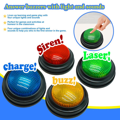 Gelabur Set of 4 Buzzers for Trivia Games, Answer Buzzers for Classroom, Family Feud Jeopardy Buzzer, Game Buzzers with Lights and Sound for Classroom, Game Show Buzzer Buttons