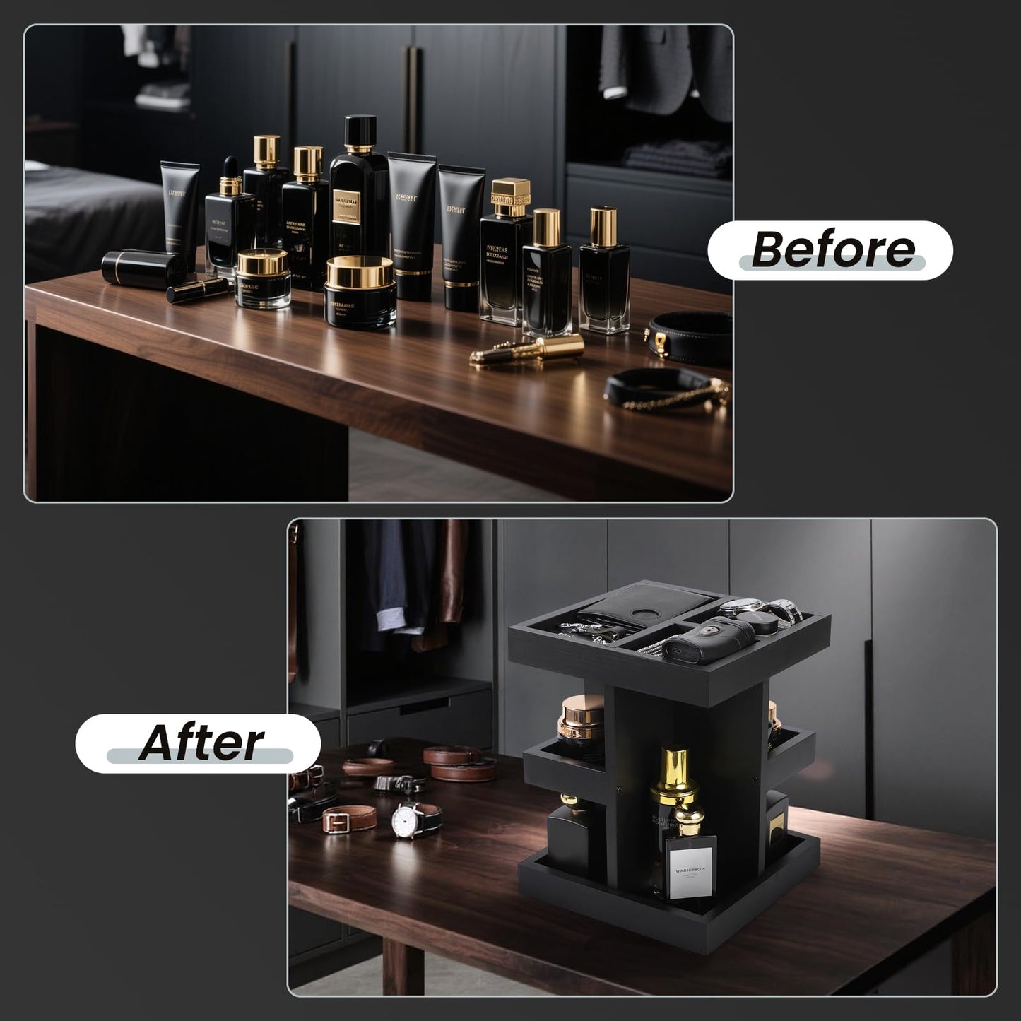 EXIN DECHEN Cologne Organizer for Men,Cologne Stand,3 Tier Wooden Perfume Shelf with Rotate,Desk Organizer,Gift for Dad From Wife,Husband Boyfriend Birthday Gift Ideas,Gifts for Men