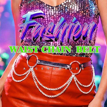 REETAN Goth Waist Chain Belt Black Leather Rave Punk Body Accessories for Women