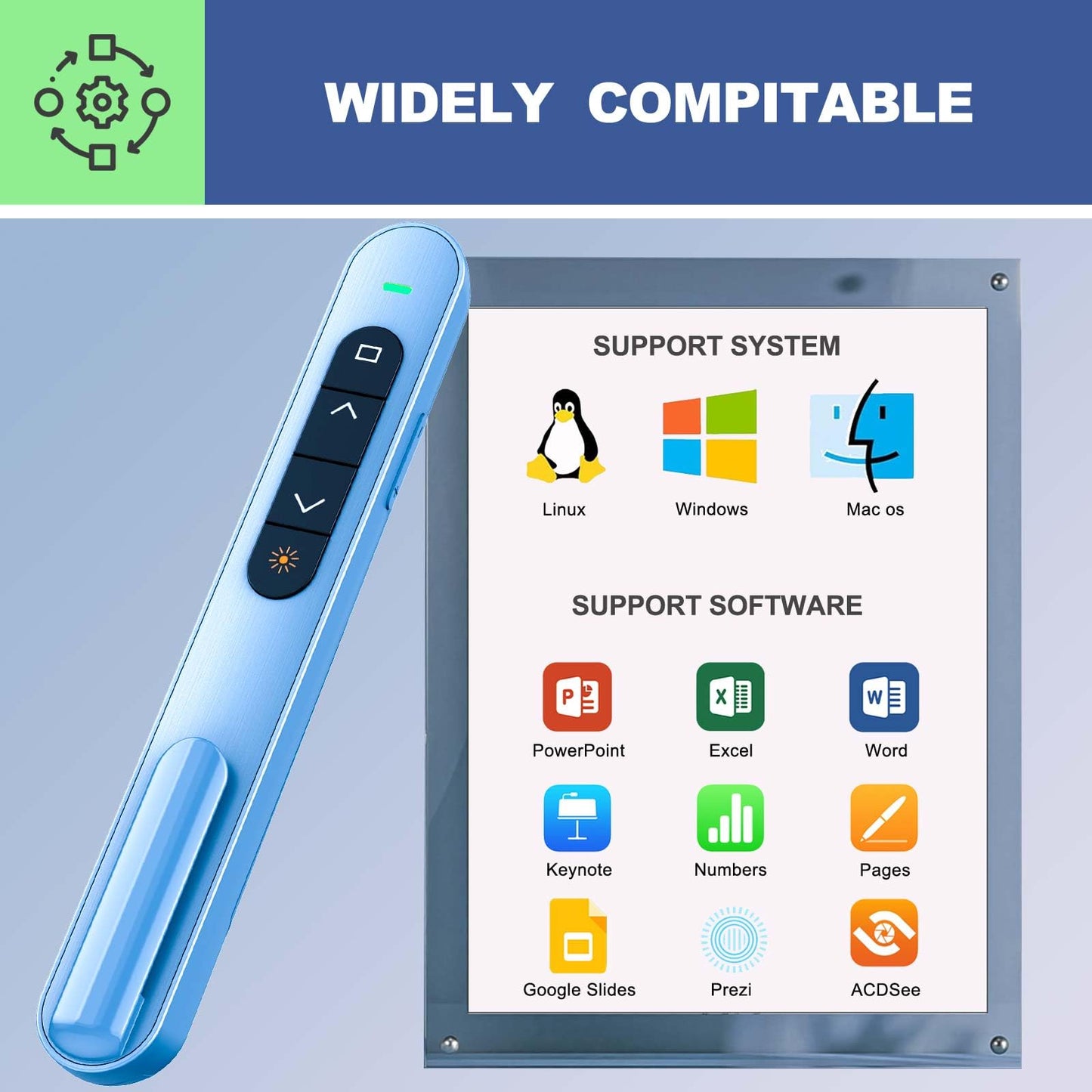 QUI Presentation Clicker with Volume Control, 2.4GHz USB Wireless Presenter Remote, PowerPoint Clicker Slide Advancer Compatible with Mac, Windows, Google Slides, Keynote