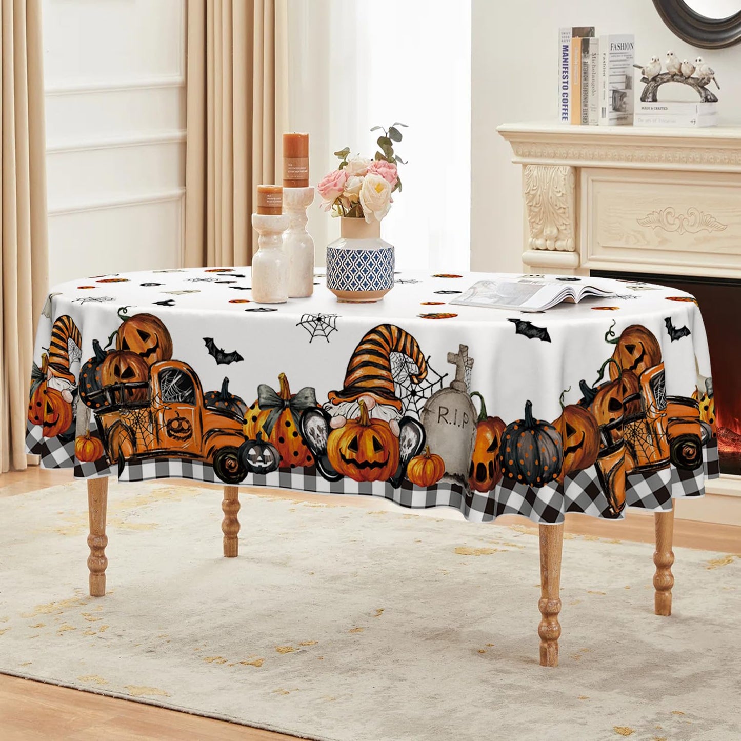 Horaldaily Halloween Tablecloth 60×84 Inch Oval, Ghost Pumpkin Washable Table Cover for Party Picnic Dinner Decor