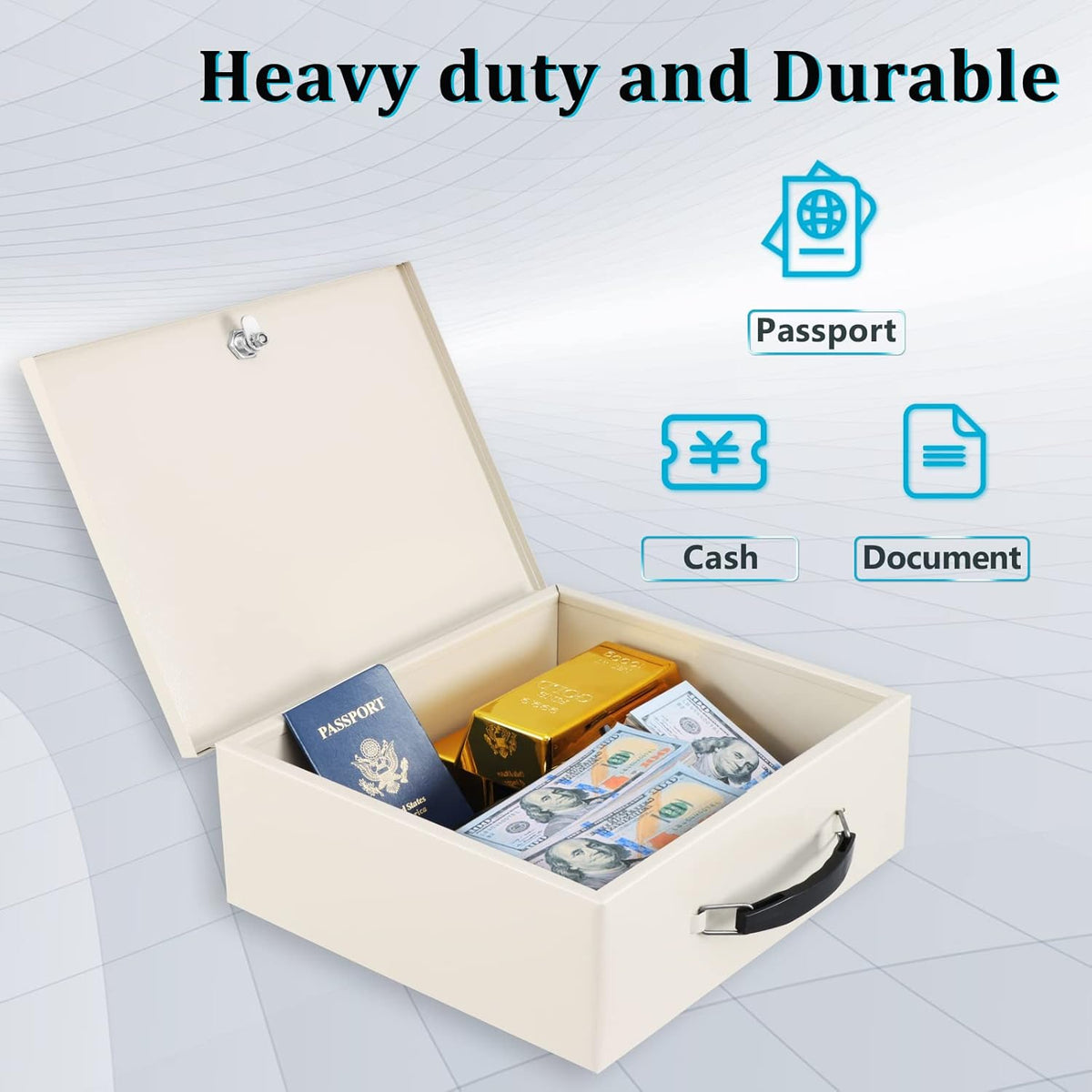 Dalmbox Portable Fire Safe Box with Key Lock, Fire Resistant Metal Lock Box for Documents, Security Strong Storage Box Safety Deposit Box for Home, Outside, Car, XL Large,13.2”x 11”x 5.1'', Beige