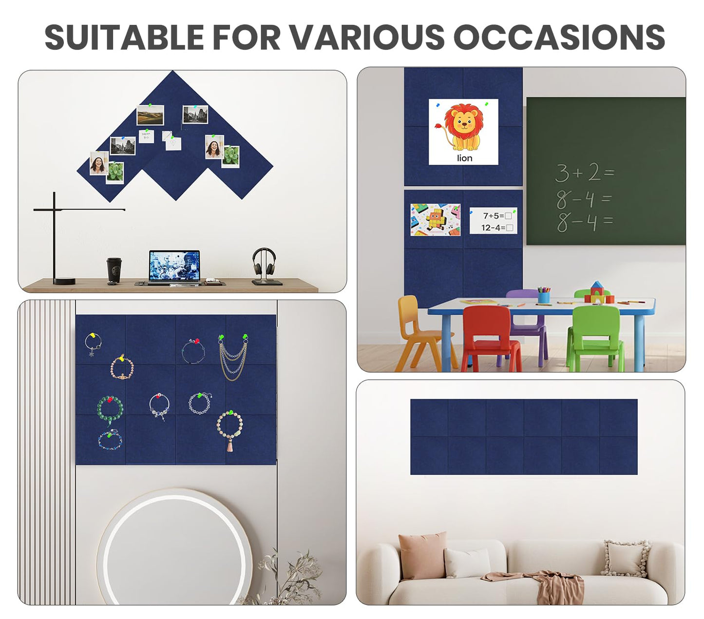 Large Cork Board Alternative 36" X 24" Bulletin Board - 6 Pack Removable Felt Wall Tiles with 20 pushpins, Large Cork Boards for Walls Cork Board for Office Pin Board Tack Board - Denim Blue