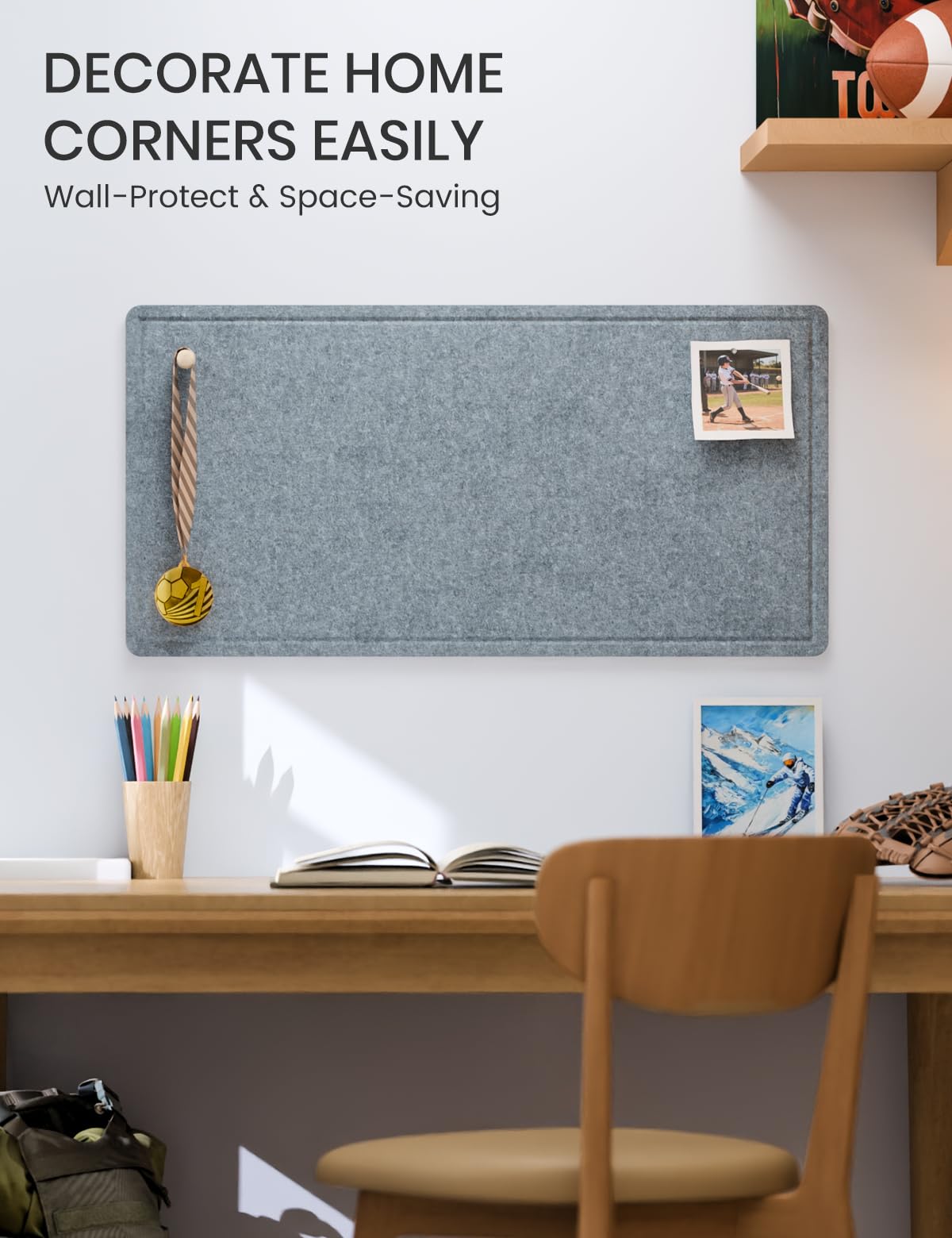 Fluxynara Bulletin Board, 35" x 17.5" Cork Board Alternative with 12 Safe Removable Adhesive Tabs, Foldable Felt Pin Board for Home Office, Classroom, Bedroom,Entryway for Walls—Blue Gray