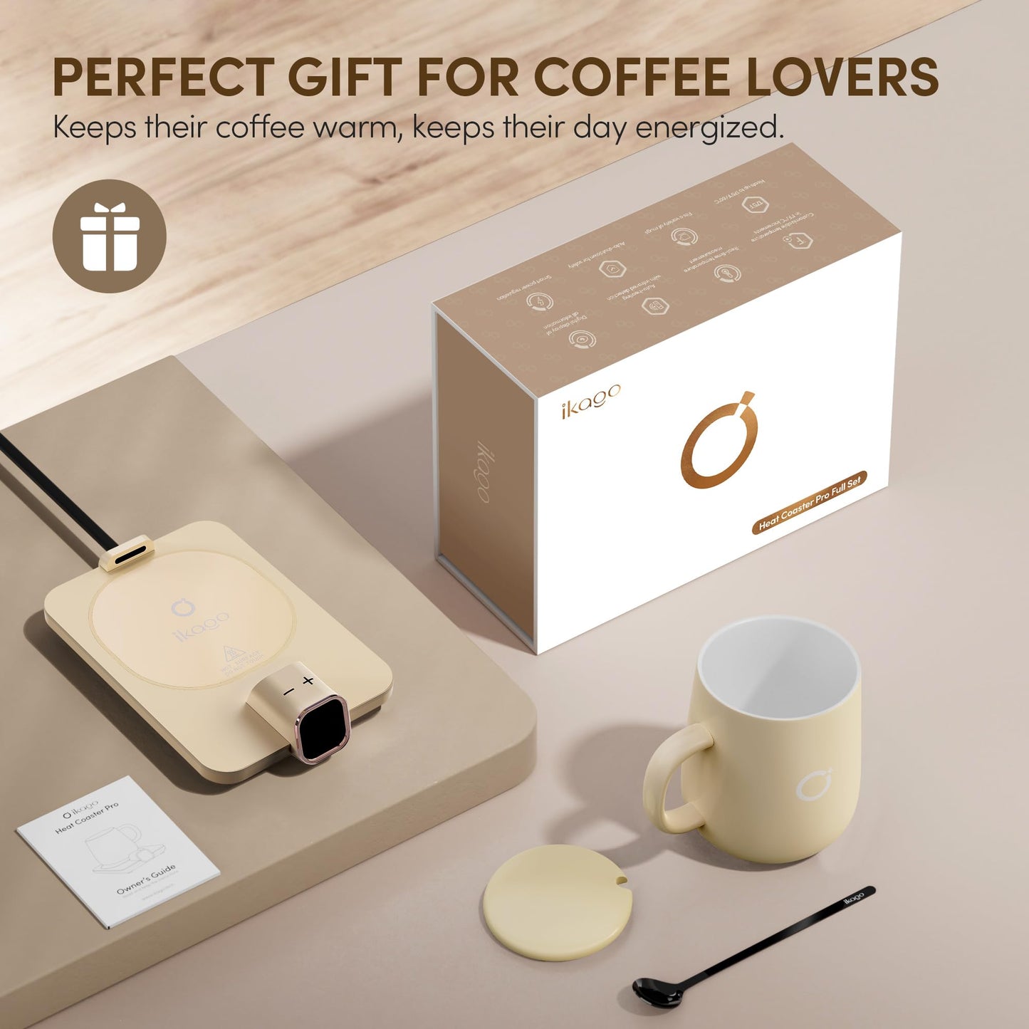 Coffee Mug Warmer Set, Temperature Control Smart Heated Mug for Desk, Electric Coffee Warmer with Auto Shut Off & Real-Time Temp Display, Gifts for Men Women, 15oz, Beige