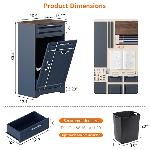 Single 10 Gallon Tilt Out Trash Can Cabinet with Deodorizing Function, Wooden Hidden Garbage Can Holder with Storage Drawers for Kitchen and Dining Room, Laundry Hamper Cabinet for Bathroom, Blue