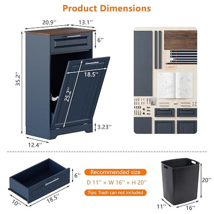 Single 10 Gallon Tilt Out Trash Can Cabinet with Deodorizing Function, Wooden Hidden Garbage Can Holder with Storage Drawers for Kitchen and Dining Room, Laundry Hamper Cabinet for Bathroom, Blue
