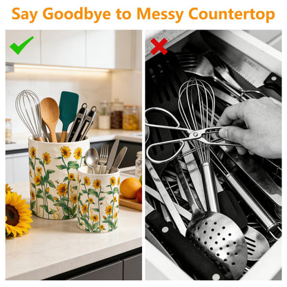 Sunflower Utensil Holder, 7.1"+5.4" Ceramic Utensil Holder for Kitchen Counter, Cooking Utensil Crocks for Countertop, Utensil Storage Container Organizer for Spoon, Sunflower Farmhouse Kitchen Decor