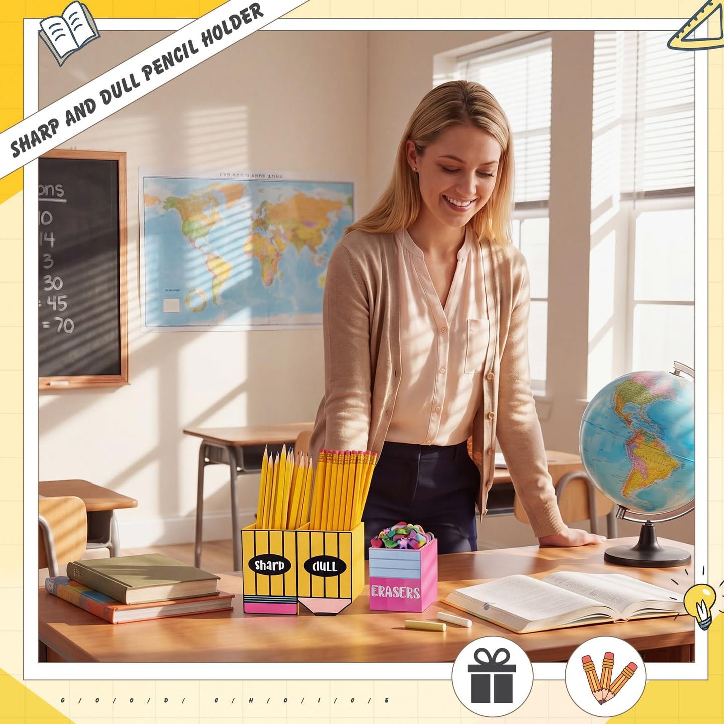 Eaasty Pencil Shaped and Sharp Dull Holder Eraser Wooden Dispenser Pencil Storage 3 Compartments for Back to School Teachers Classroom Organization(2 Pack,Simple)