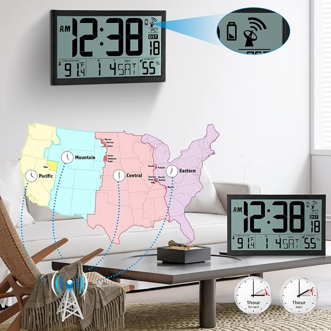 Amgico Digital Wall Clock,16.7" Large Display Atomic Clock, Battery Operated,Digital Calendar Auto Setting with Indoor Temperature, Humidity,Date,Day,Auto DST Desk Clock for Elderly Bedroom Classroom