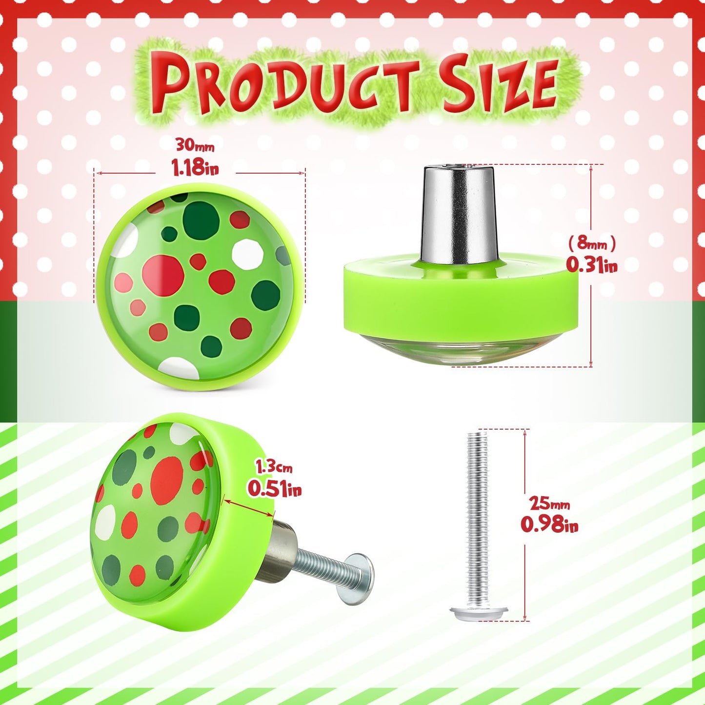 Fumete 12 Pieces Christmas Green Cabinet Knobs Covers Cute Green and Red Drawer Knobs Table Dressing Cupboard Wardrobe Closet with Screws for Holiday Winter Christmas Decor, 1.1 Inches/ 28 mm