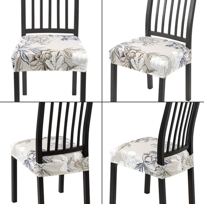 SearchI Waterproof Dining Chair Seat Covers Set of 4, Washable Stretch Seat Covers for Dining Chairs, Dining Room Seat Cover Protector (Rear-Covered, Brown and Blue Flower)