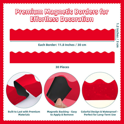 30 Pcs Magnetic Borders for Classroom Whiteboard - Red Magnetic Bulletin Board Border Set - Scalloped Chalkboard Border Strips for Teachers, Parents, DIY Home,School & Office Decoration
