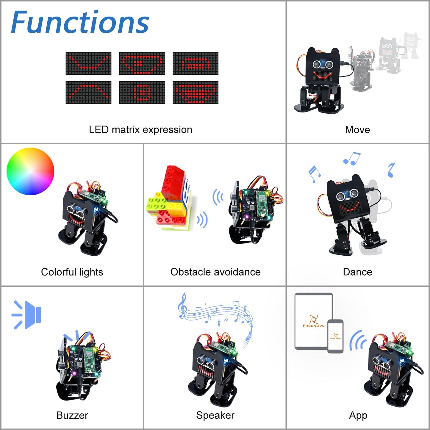 Freenove Bipedal Robot Kit for Raspberry Pi Pico W (Included) (Compatible with Arduino IDE), LED Matrix Expressions, Obstacle Avoidance, Colorful Lights, Buzzer, Speaker, App