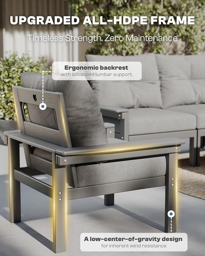 HDPE Outdoor Patio Furniture Set, 6-Piece Patio Conversation Sets with Coffee Table & Side Table & Grey Washable Thick Cushions, Outdoor Sofa for Balcony, Porch, Poolside (Grey Frame)