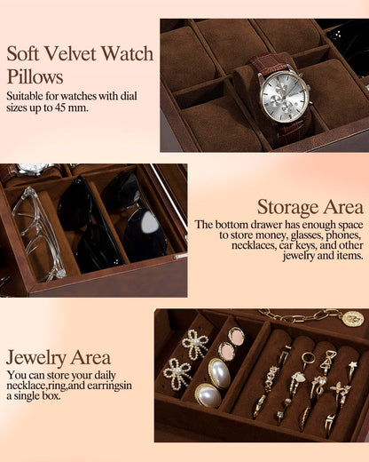 GUKA Watch box, 6 Slot Watch Case, 3 Slot Sunglass Organizer, Watch Cases for men with Real Glass Lid, Watch Organizer storage with Jewelry Case, Birthday for Men and Women,