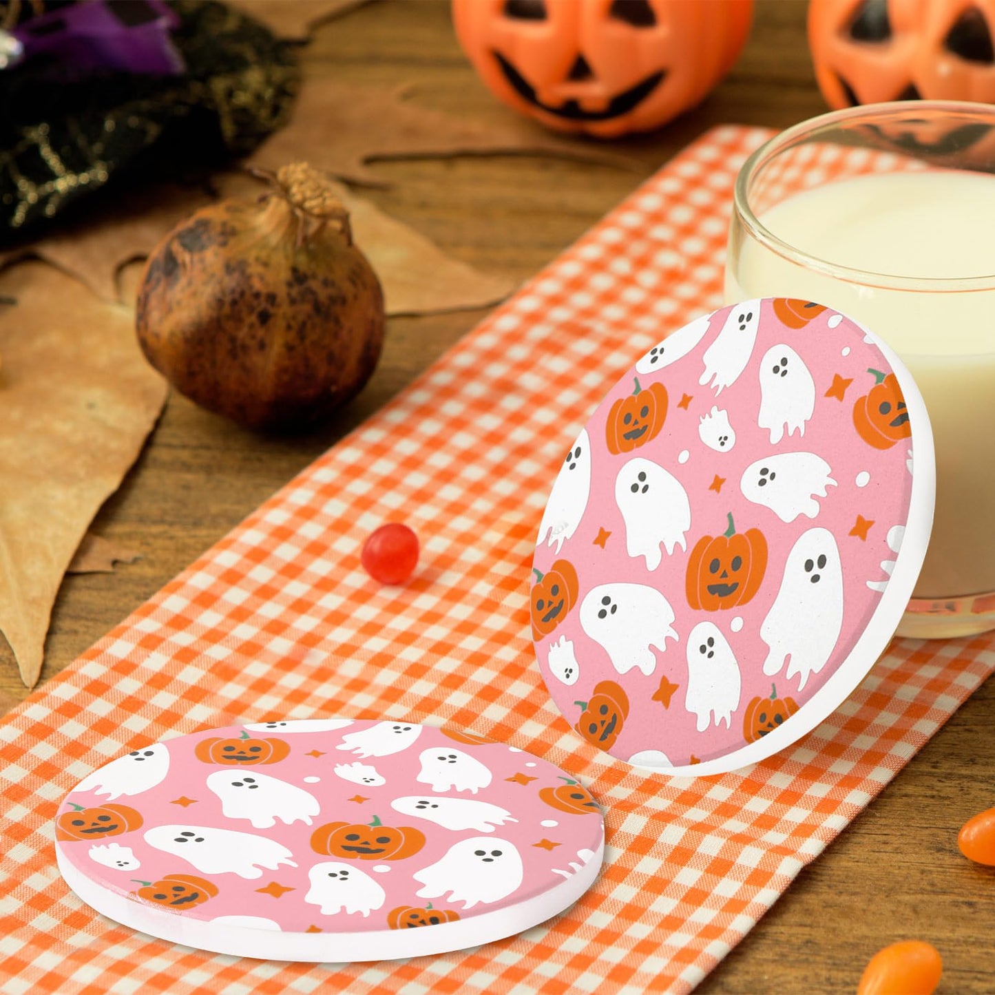 JarThenaAMCS 6 Pcs Halloween Coaster with Holder Pumpkin Ghost Anti Slip Cup Mat Pink White Orange Absorbent Ceramic Drink Coasters for Home Decor Table Protection