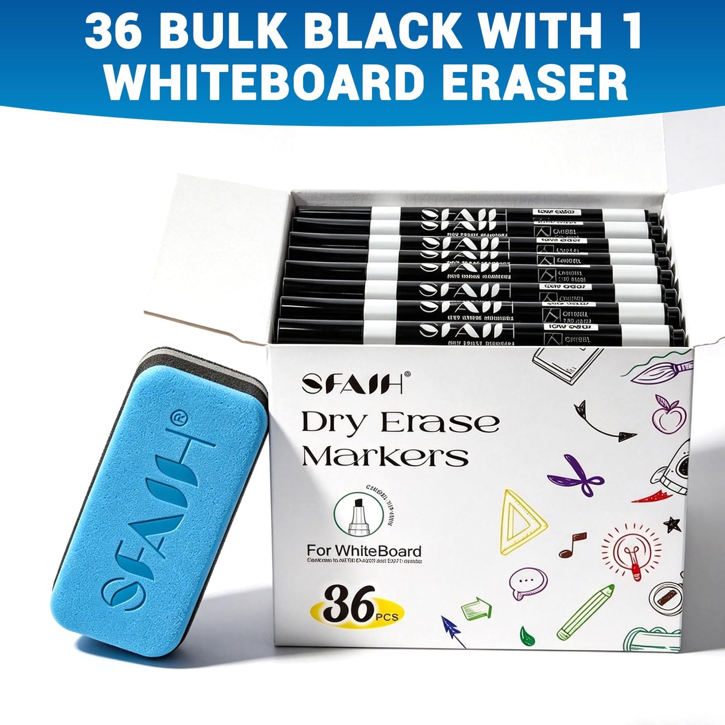 SFAIH Dry Erase Markers Chisel Tip with Magnetic Whiteboard Eraser, 36 Bulk Pack Black White Board Markers for Teachers, Versatile Lines, 1s Quickly Dry, Essential Supplies for Office Teacher