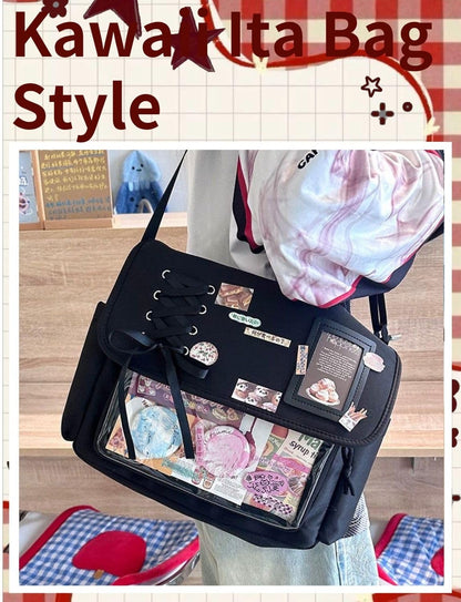 Gleease Ita Bag Japanese Messenger Bags Kawaii Crossbody Bag Anime Purse With Cute Pins Y2k For Women Men (Black A)