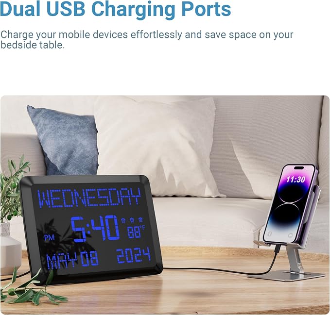 11.5” Extra Large Digital Wall Clock with Date and Day of Week , Electric Desk Clock for Seniors, Large Display Alarm Clock for Bedroom with Battery Backup, 5 Dimmer, 2 USB Ports, Indoor Temp, 12/24H