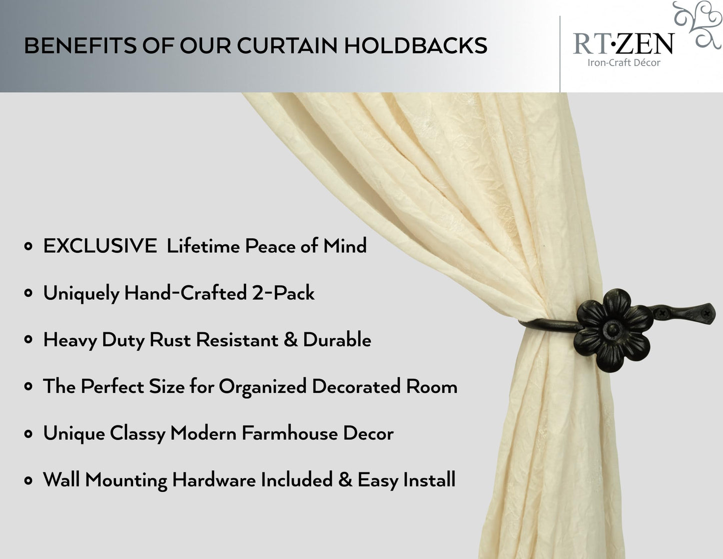 RTZEN Decorative Metal Curtain Tiebacks - Farmhouse Wrought Iron Curtain Holdbacks - Drapery Holders for Wall - Unique Metal Tie Backs for Curtains - 2 Pcs (Black Flower)