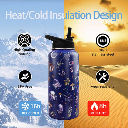 Insulated Goth Water Bottle 32 oz, Goth Gifts for Women, Halloween Gothic Water Bottle with Straw and Lid, Reusable Leakproof Tumbler Stainless Steel