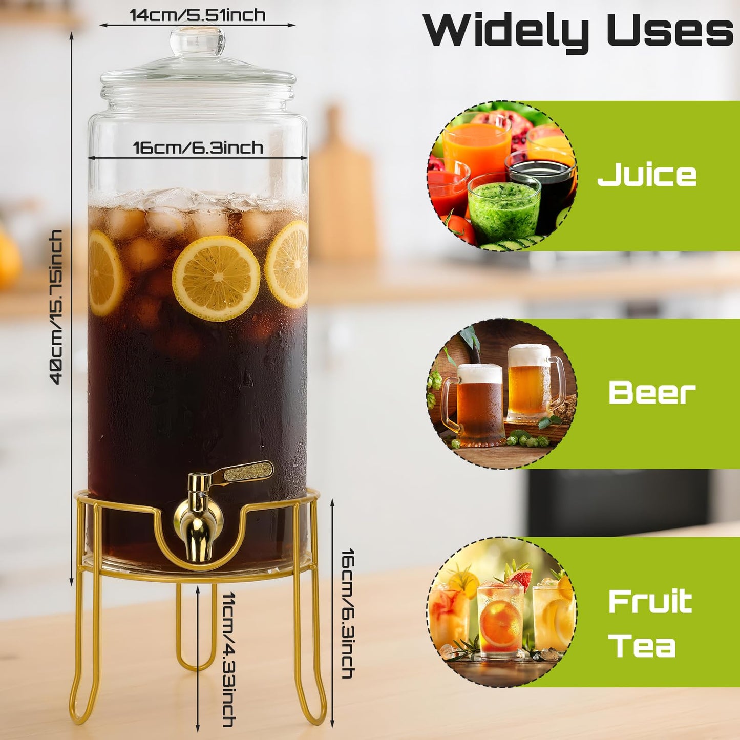 DHSBTLS 1.5 Gallon Glass Drink Dispensers, Round Beverage Dispenser for Party, BBQ and Picnic, Clear Airtight Juice Dispenser with Golden Stand, Stainless Steel Spigot, Markers and Chalkboard
