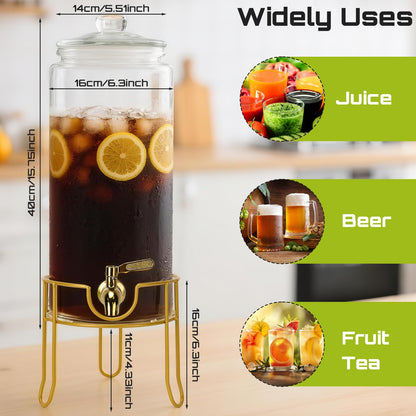 DHSBTLS 1.5 Gallon Glass Drink Dispensers, Round Beverage Dispenser for Party, BBQ and Picnic, Clear Airtight Juice Dispenser with Golden Stand, Stainless Steel Spigot, Markers and Chalkboard
