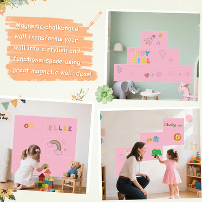 OMKSIH Magnetic Chalkboard Wall Decal Pink Set of 6 Peel and Stick Magnet Sheets with Chalk Tangram Puzzle and Multiple Accessories Magnetic Chalk Boardfor Home Playroom and Classroom